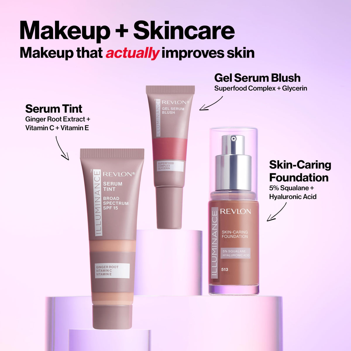 Revlon Illuminance ingredient label showing hyaluronic acids and vitamins