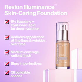 Revlon Illuminance pump and label highlighting shade 301 Cool Beige benefit