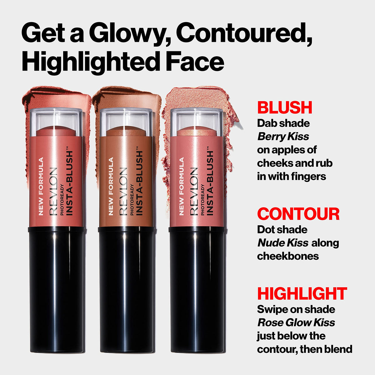 Revlon stick being applied to cheek demonstrating quick on-the-go color boost