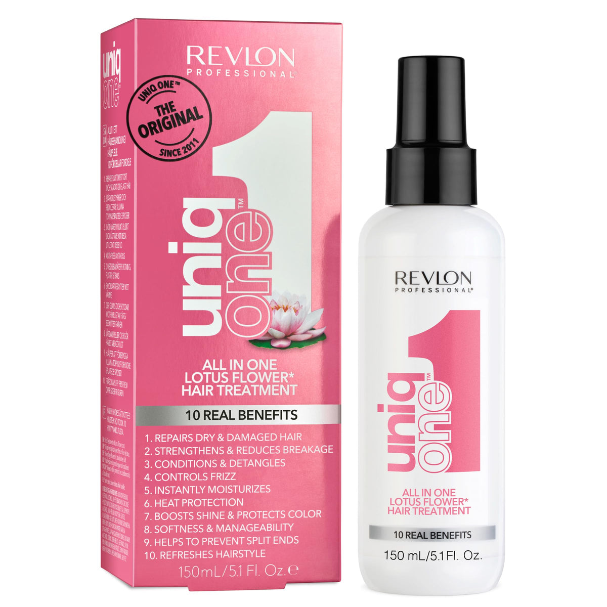 Revlon Professional UniqOne front packaging showing bottle and branding for quick benefits