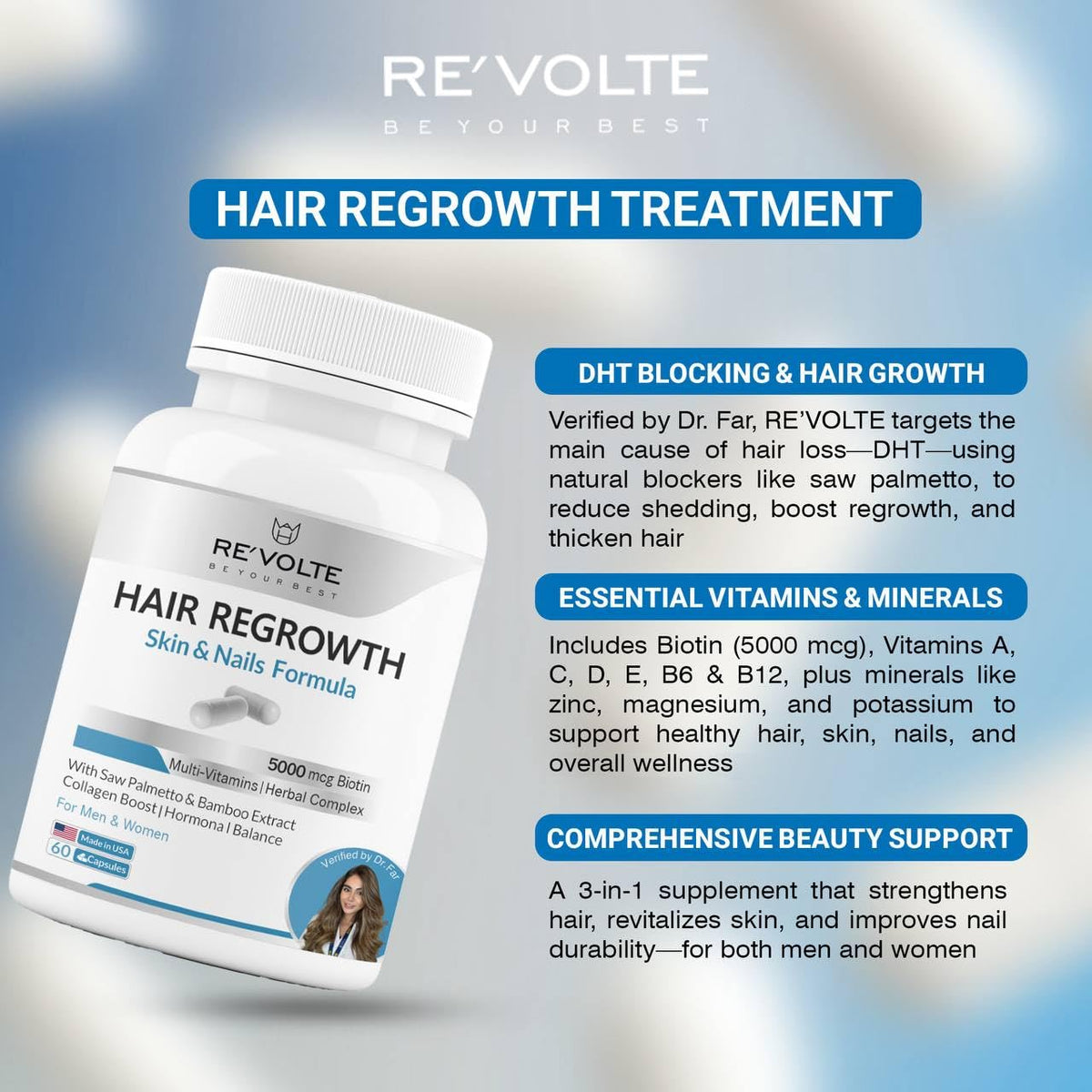 RE'VOLTE label detail focusing on key benefits and ingredient list