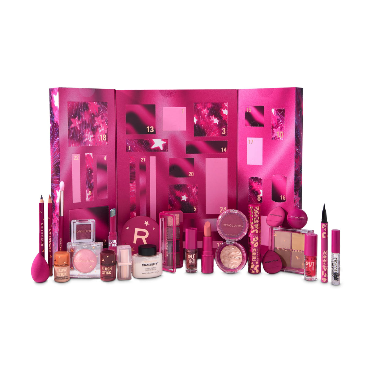 Revolution Beauty London front packaging showing festive advent box and branding benefits discovery