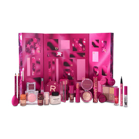Revolution Beauty London front packaging showing festive advent box and branding benefits discovery