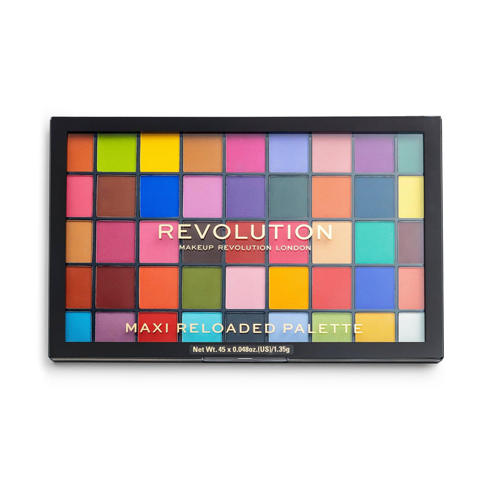 Revolution Beauty London palette front packaging showing 45 shades and value