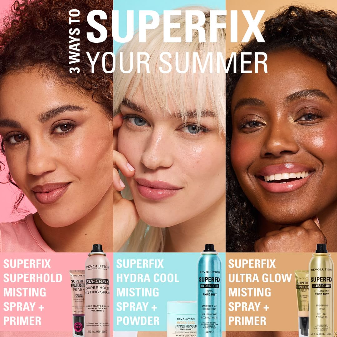 Revolution Superfix inside a makeup bag lifestyle shot showing portability and touch-up benefit