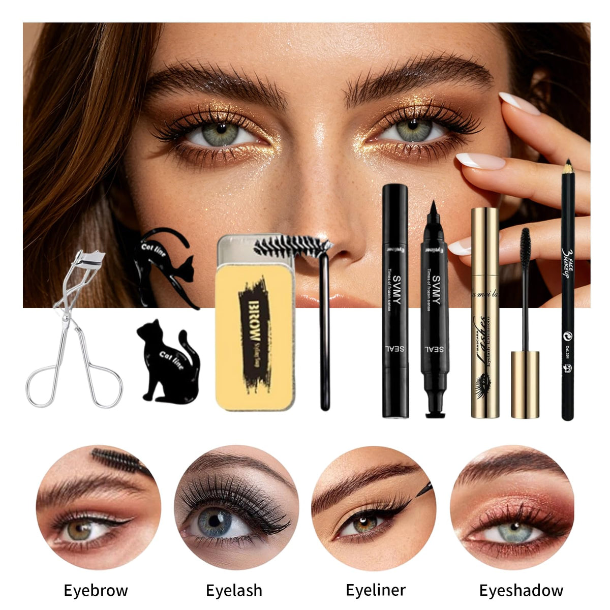 RevoNext brush, eyelash curler, brow soap and stickers arranged to show included tools