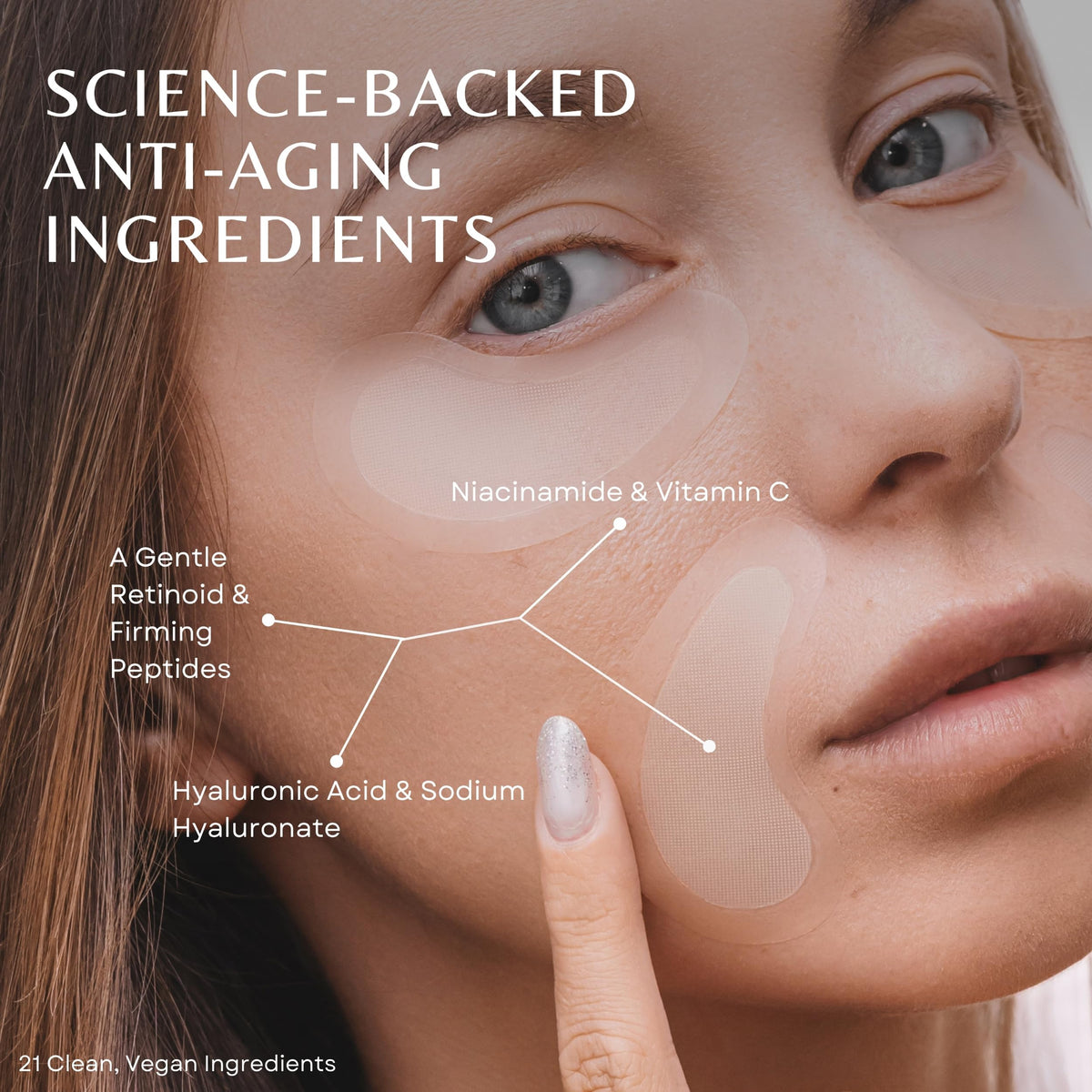 RewindGlow patch applied under eye demonstrating targeted smoothing benefit