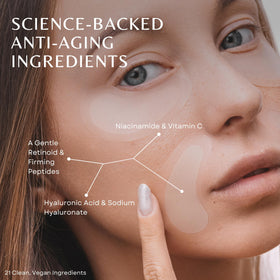RewindGlow patch applied under eye demonstrating targeted smoothing benefit