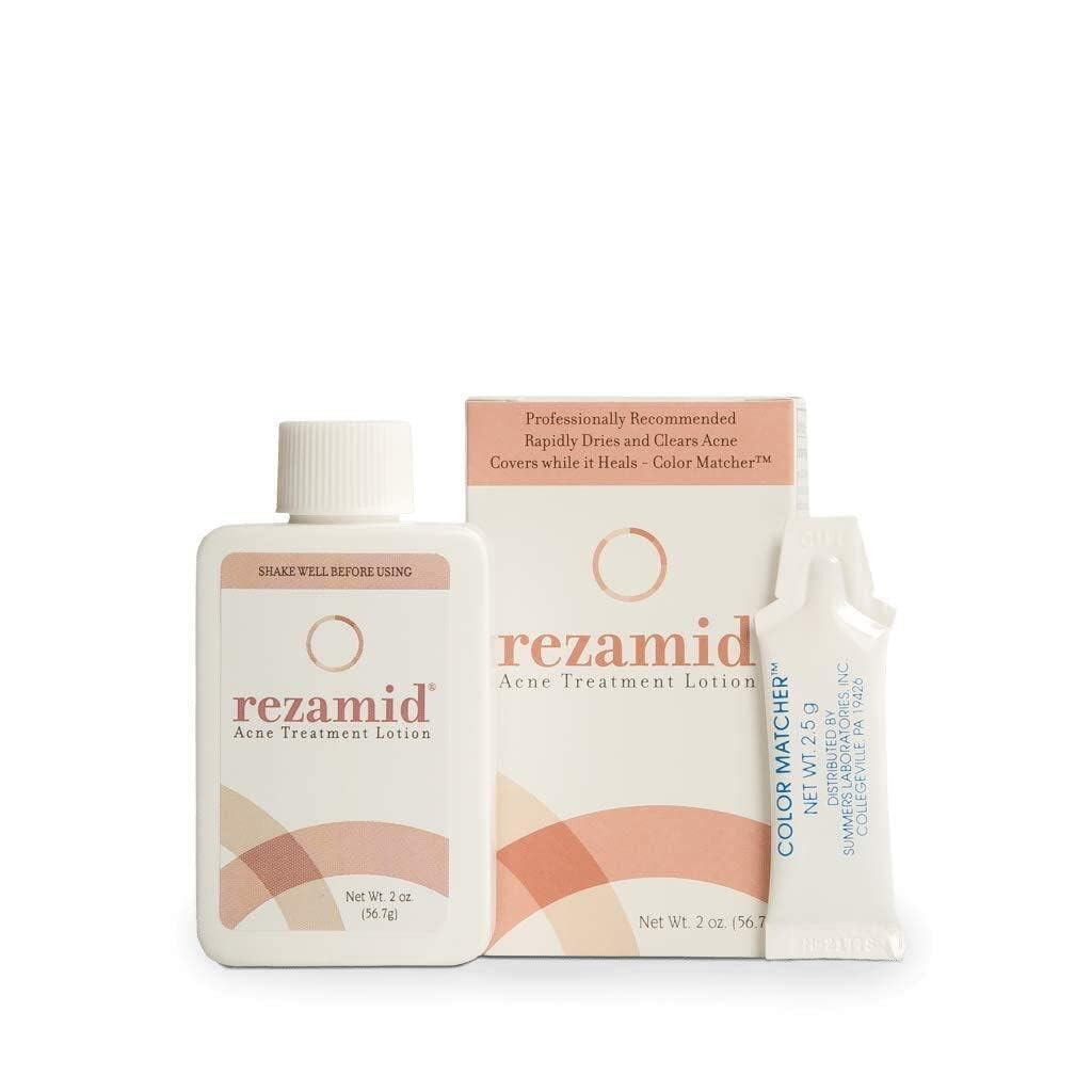 Rezamid front packaging showing bottle and tinted lotion benefit coverage