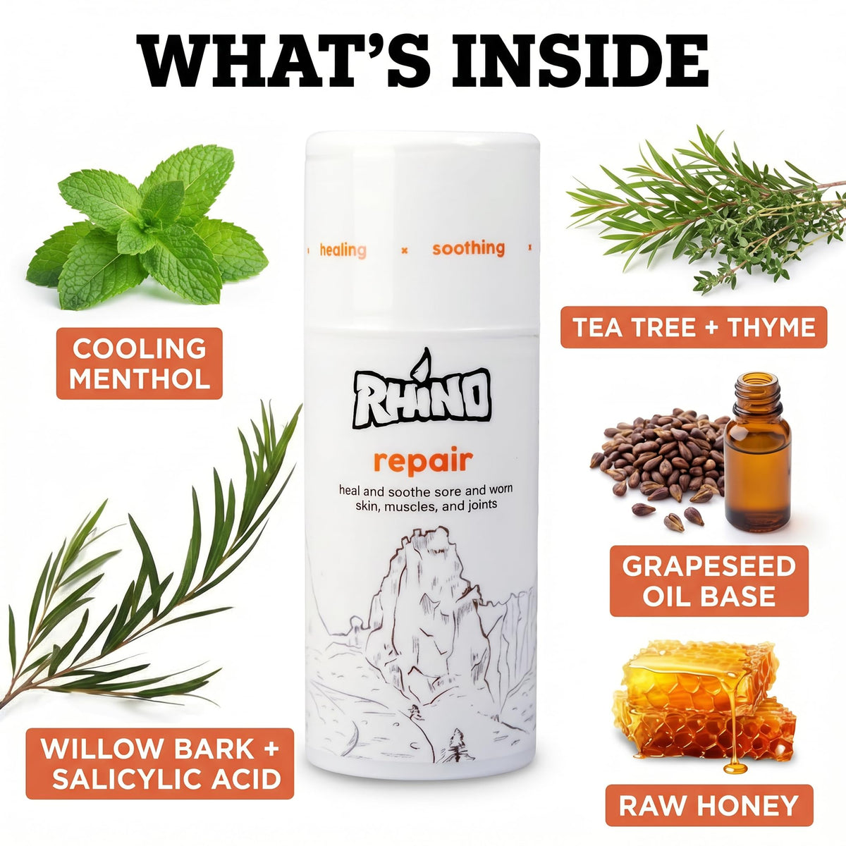 Rhino Skin Solutions label close-up listing honey and willow bark