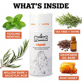 Rhino Skin Solutions label close-up listing honey and willow bark