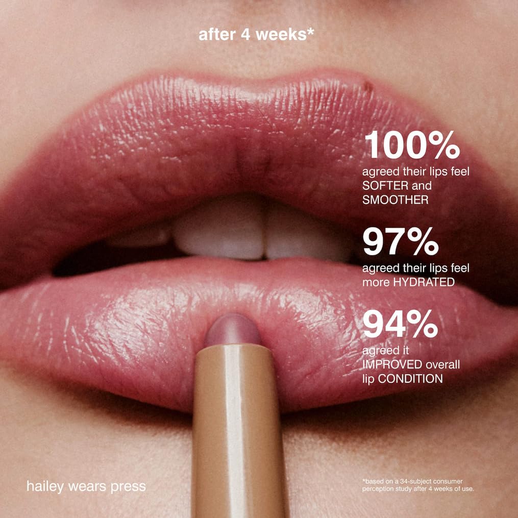 Rhode lip shaper scale hand comparison showing product size and travel-friendly benefit