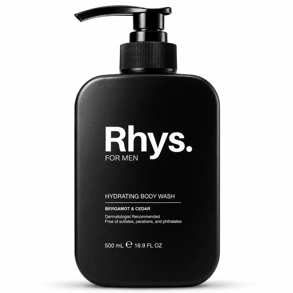 Rhys bottle front packaging showing label and scent, conveys confident grooming benefit