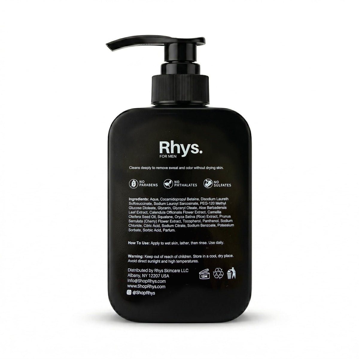 Rhys body wash used on loofah in shower, demonstrates effective daily cleansing benefit