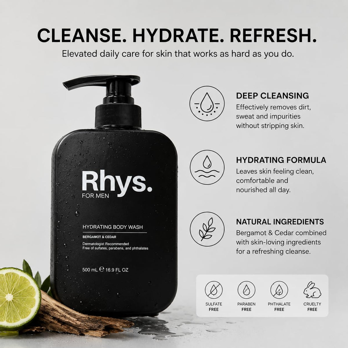 Rhys pump dispensing creamy gel texture, illustrates easy application and hydration benefit