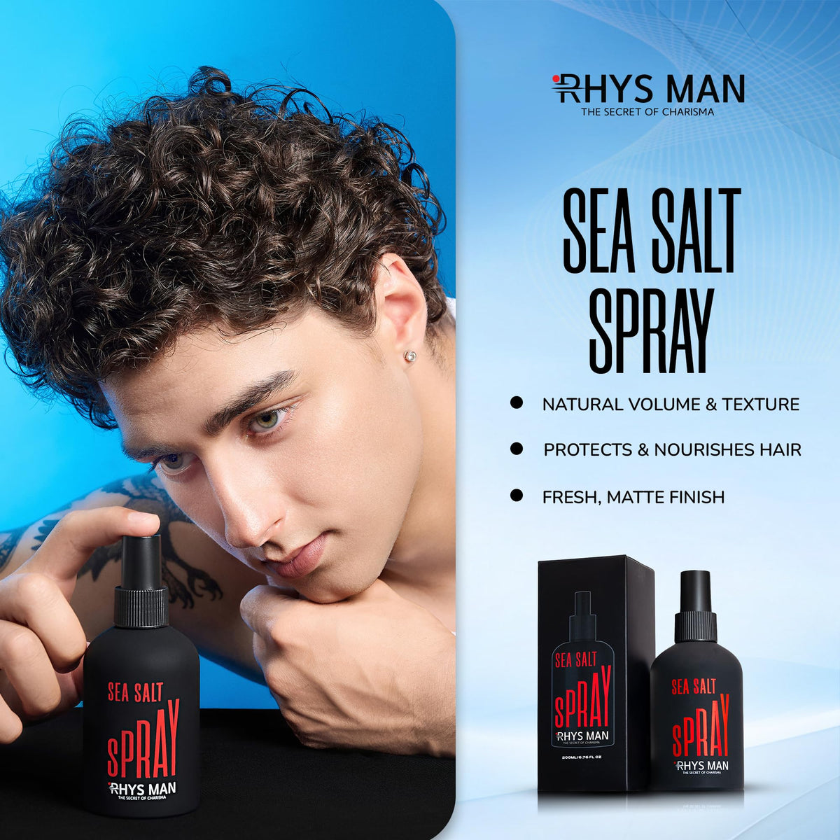 RHYS MAN bottle in hand demonstrating 6.8 fl oz size and easy grip
