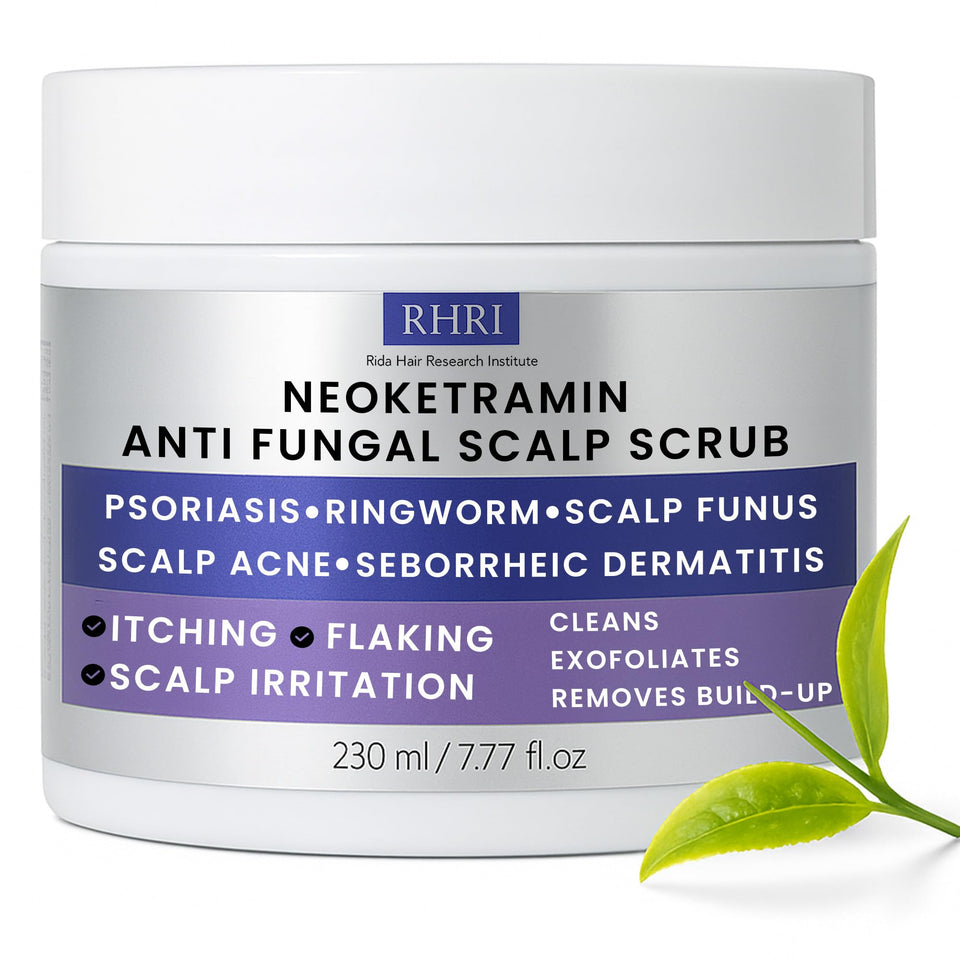 Rida Hair Research Institute front packaging showing medicated scrub benefits
