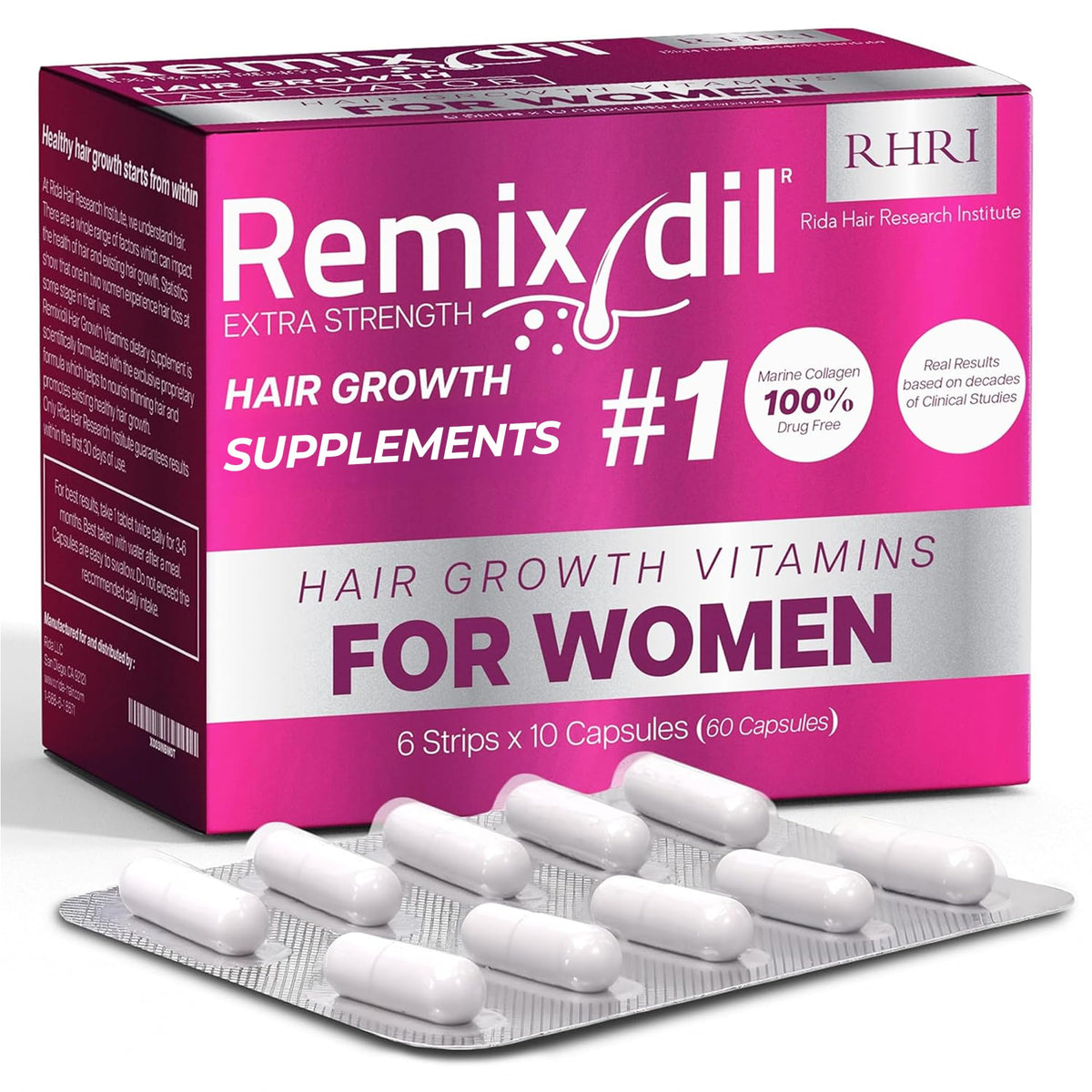 Rida Hair Research Institute front packaging showing product and benefits