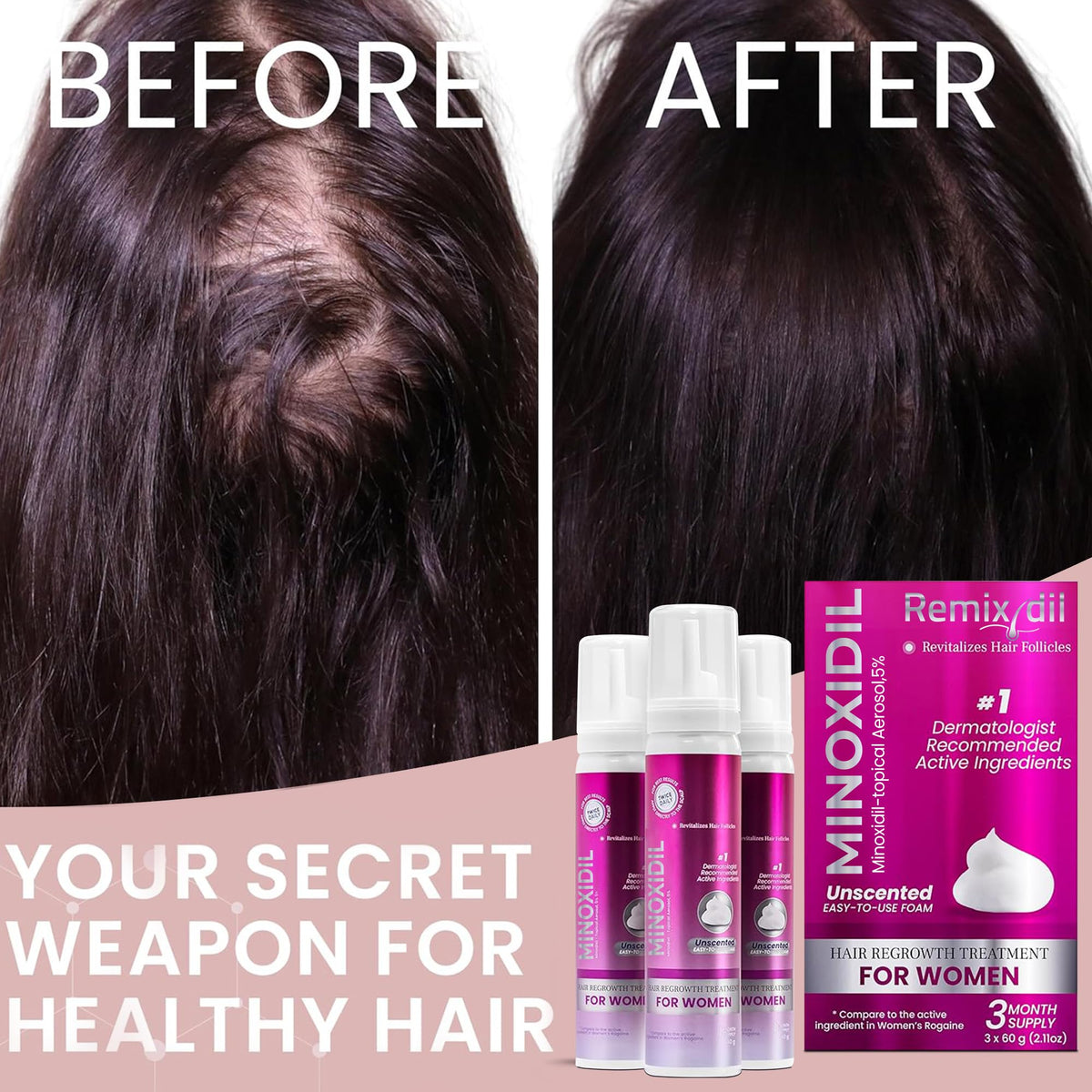 Rida Hair Research Institute bottle on bathroom shelf showing routine-friendly benefit