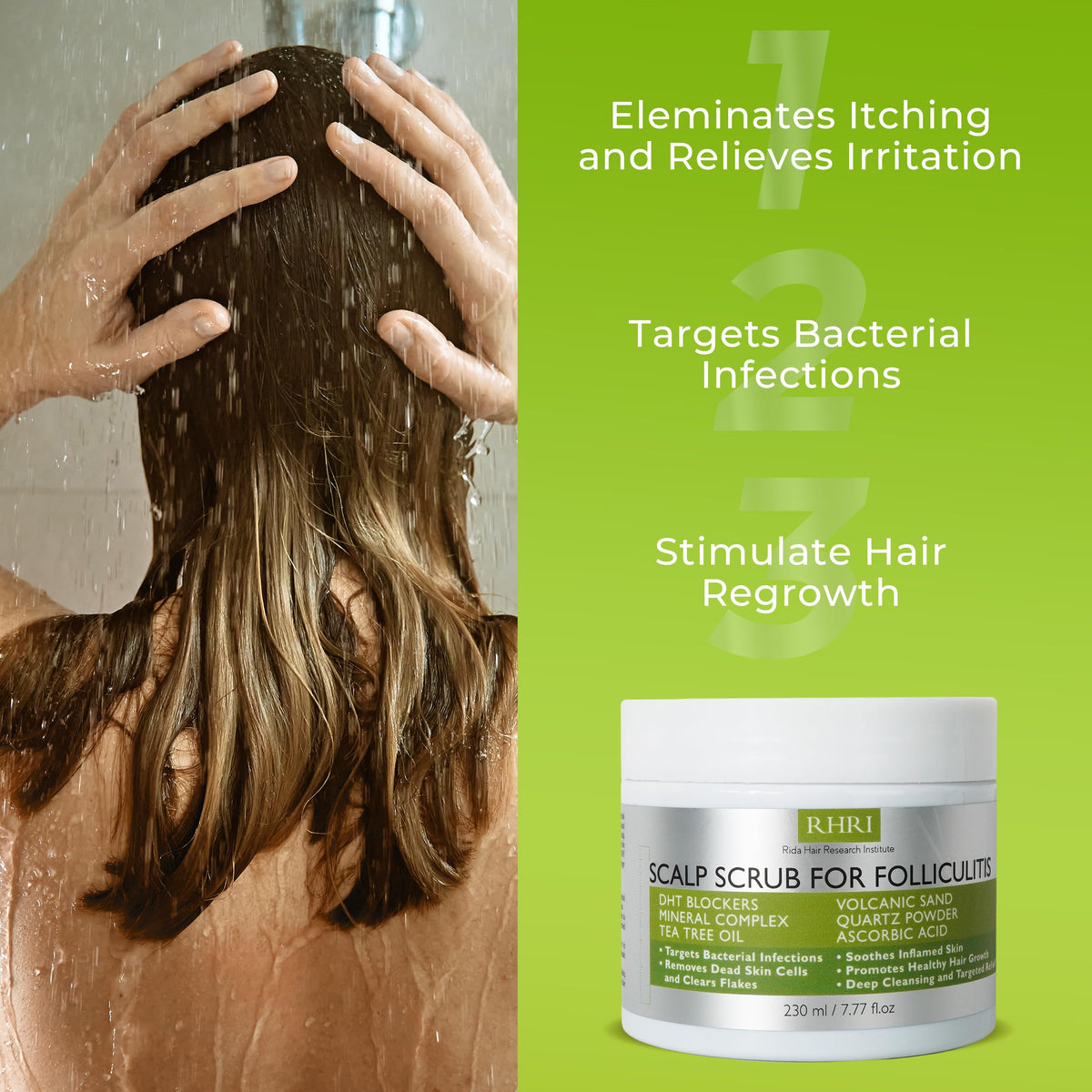 Rida Hair Research Institute label highlighting tea tree, mineral complex and DHT blockers