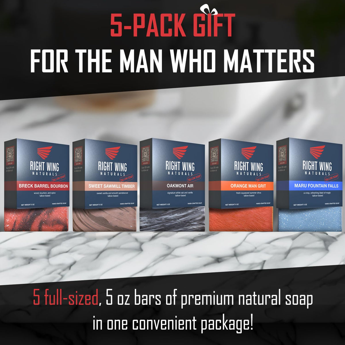 Right Wing Naturals bars on bathroom shelf styled for gifting and daily-use benefit