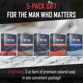 Right Wing Naturals bars on bathroom shelf styled for gifting and daily-use benefit