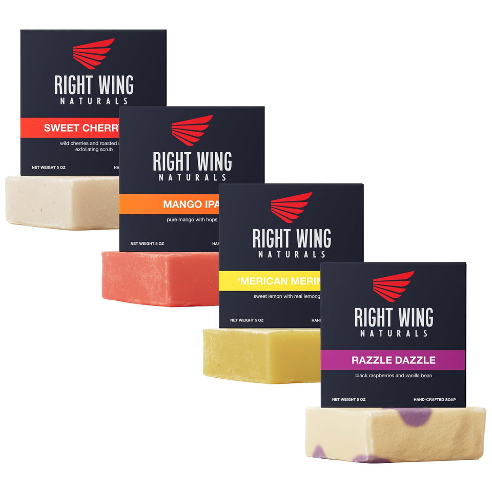 Right Wing Naturals front packaging showing four-bar gift set and organic appeal