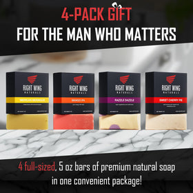 Right Wing Naturals gift set staged in bathroom to show everyday masculine grooming