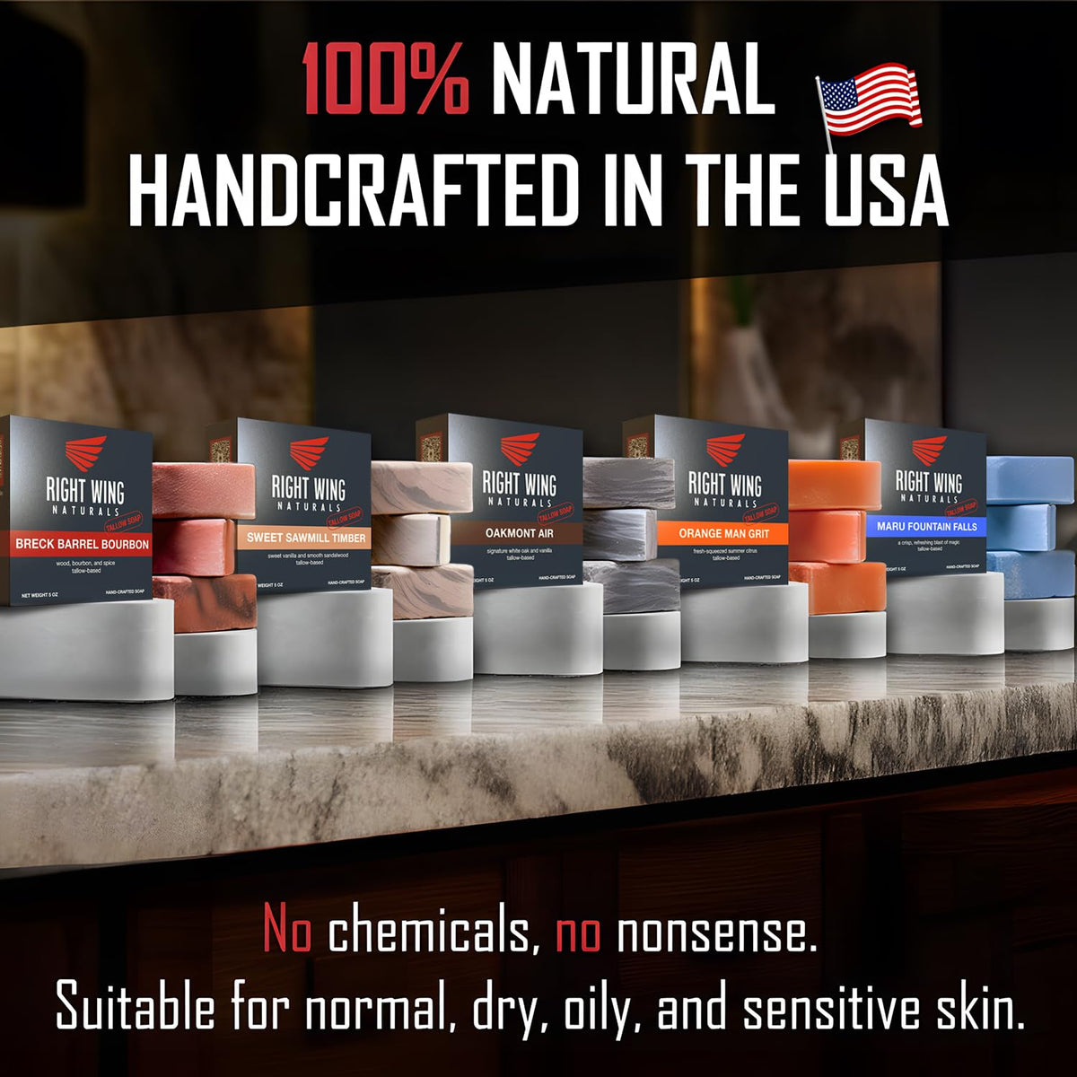Right Wing Naturals soap bar close-up showing texture and durable finish benefit