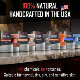 Right Wing Naturals soap bar close-up showing texture and durable finish benefit