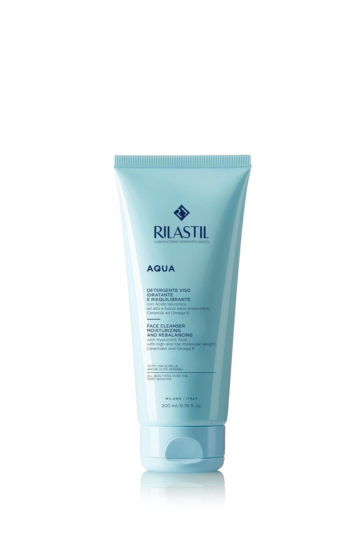 Rilastil front packaging showing 200 ml bottle and branding benefits