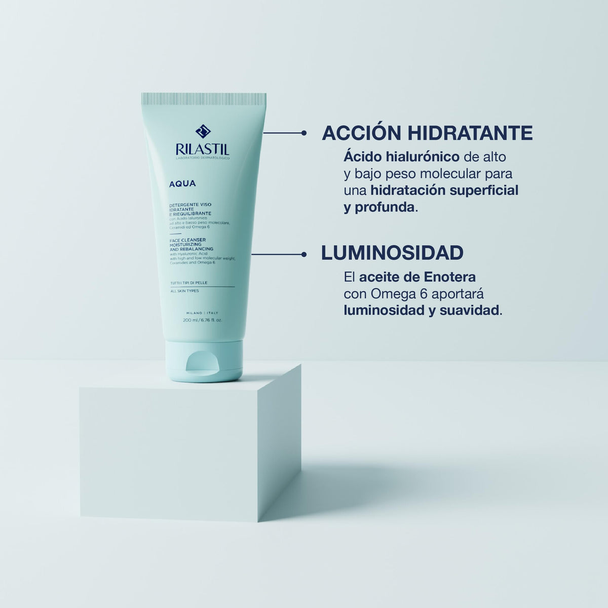 Rilastil 200 ml size in hand to show scale and travel-friendly volume