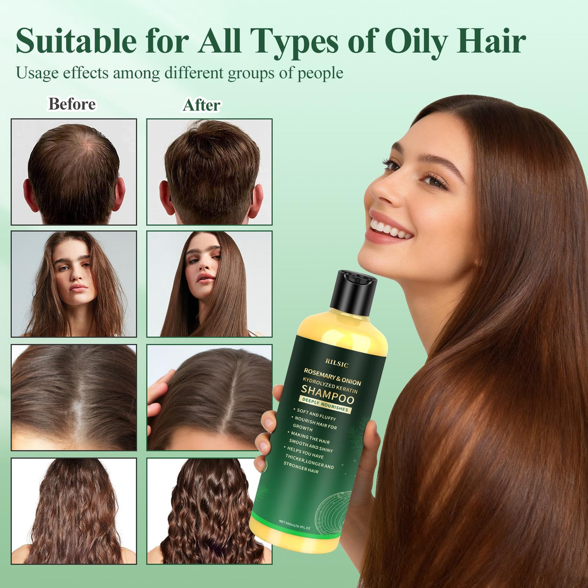 RILSIC shampoo in hand during wet hair application for scalp cleansing benefit