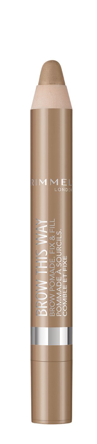 Rimmel brow pomade front packaging showing product and shade for quick identification and travel convenience