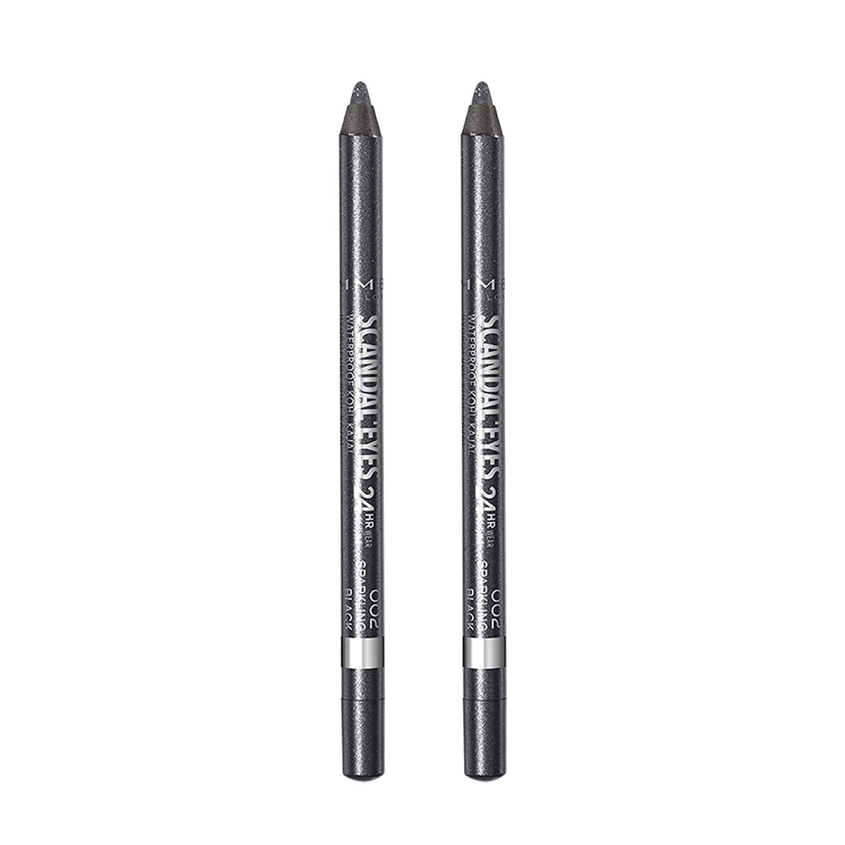 Rimmel Scandaleyes front packaging showing two sparkling black pencils and brand