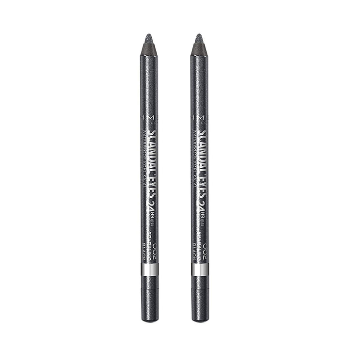 Rimmel Scandaleyes front packaging showing two sparkling black pencils and brand