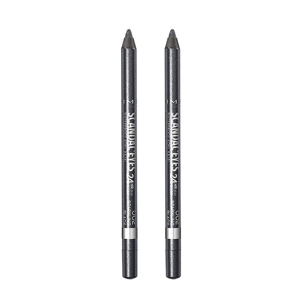 Rimmel Scandaleyes front packaging showing two sparkling black pencils and brand