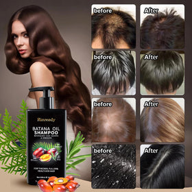 Rinready hair before and after comparison illustrating fuller-looking, stronger strands with regular use