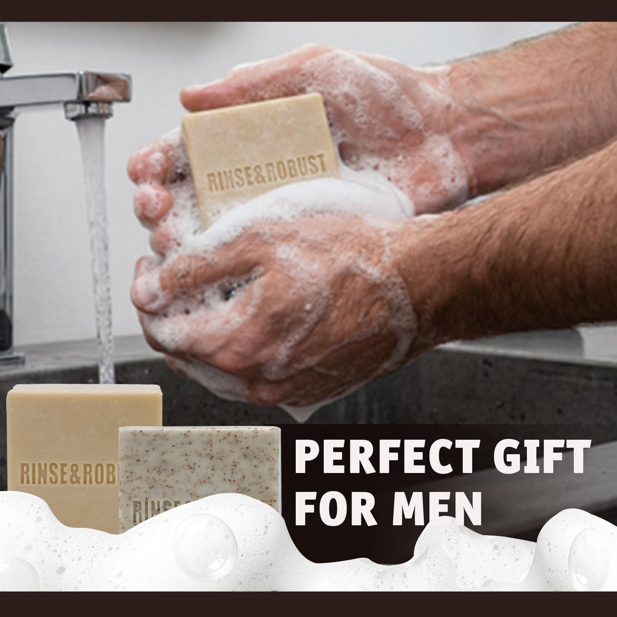 Rinse & Robust bar lathered in hand demonstrating rich moisturizing foam