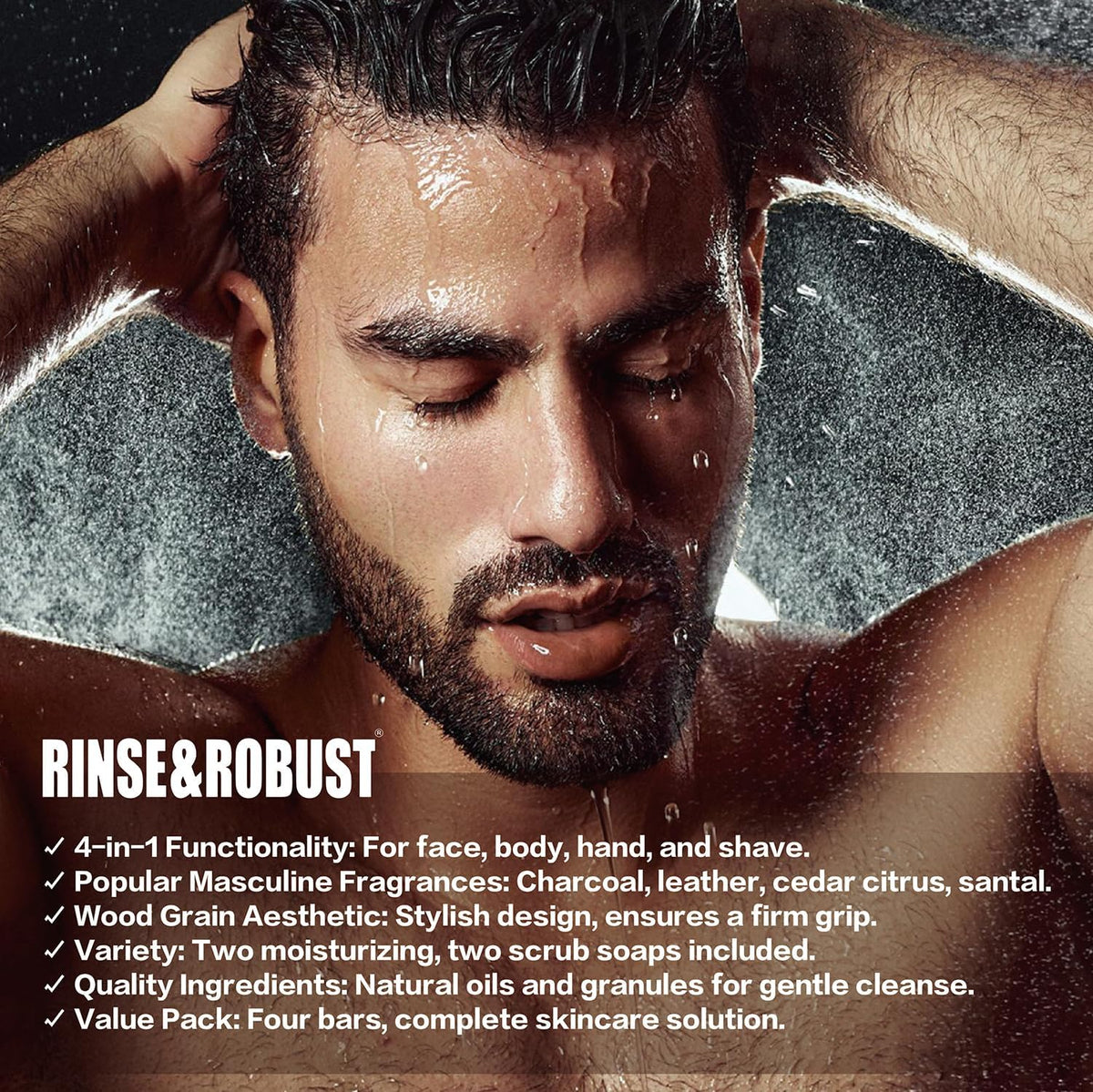 Rinse & Robust four bars arranged to show all scents and formula differences