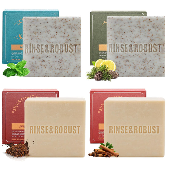 Rinse & Robust front packaging of four-bar gift set showing contents and outdoor artwork