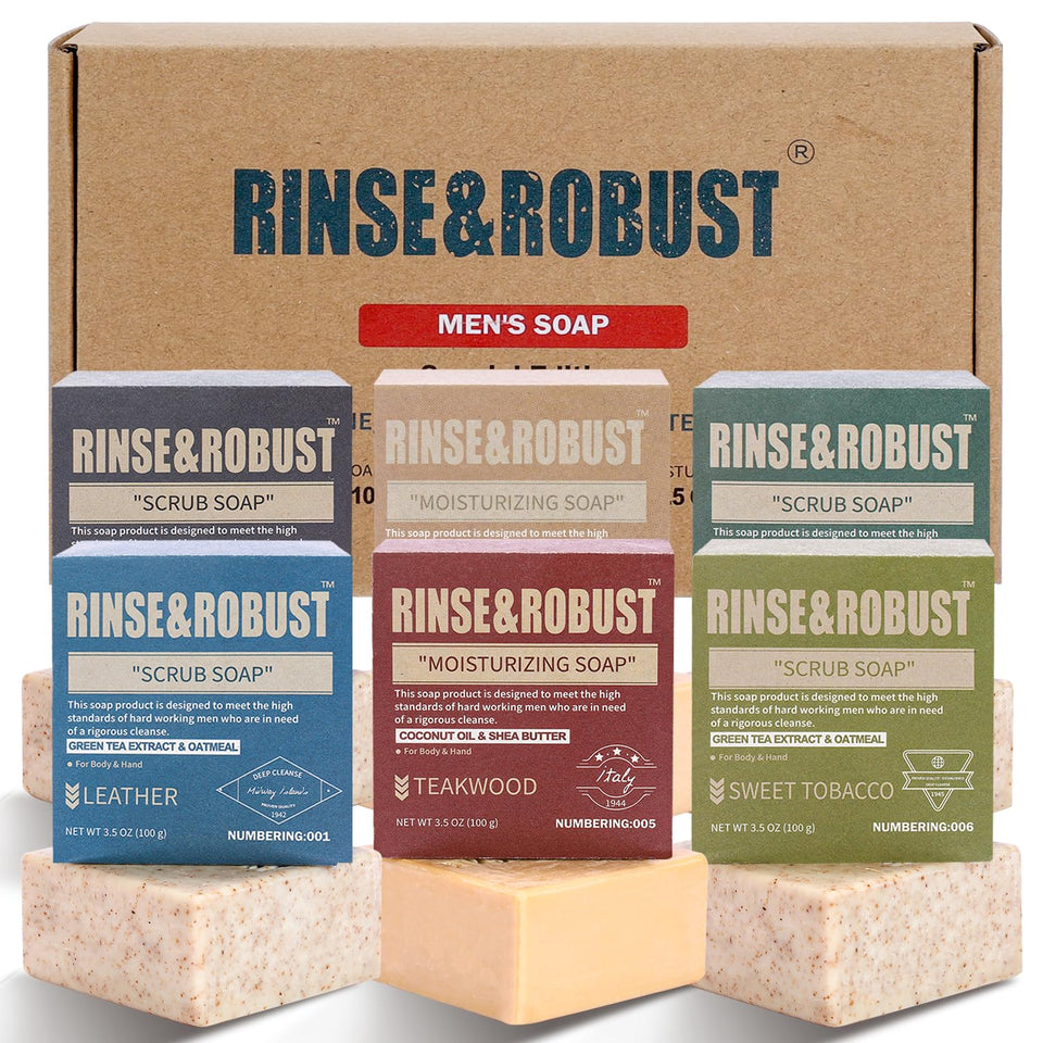 Rinse & Robust front packaging box showing six bars and gift-ready design