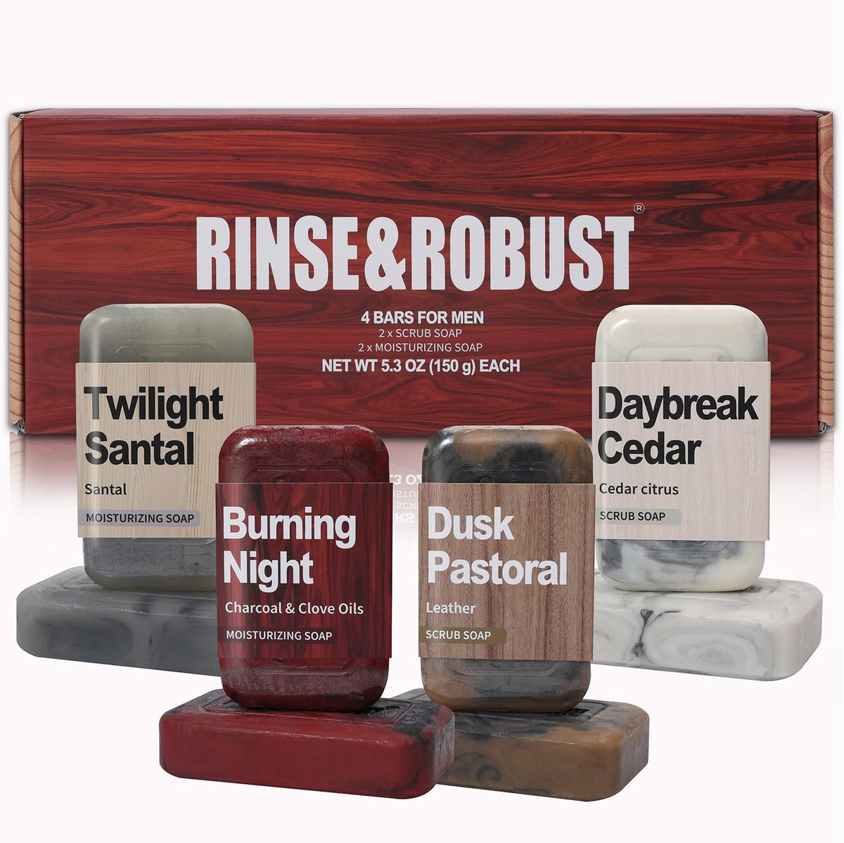 Rinse & Robust lifestyle bathroom shelf scene showing premium grooming setup
