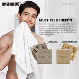 rinse & robust sandalwood bar label displaying scent name and masculine fragrance benefit
