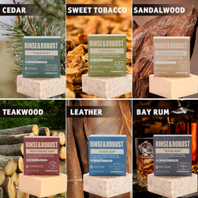 Rinse & Robust labeled bars displaying distinct masculine scent names