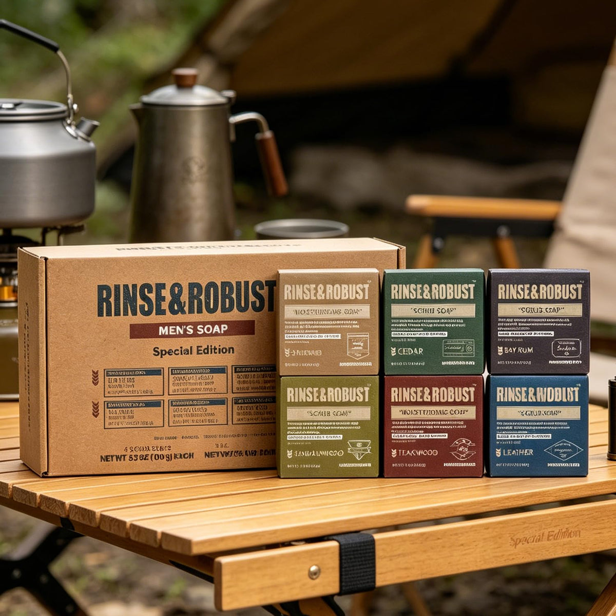 Rinse & Robust six bars arranged to show variety of scents and textures for versatile grooming