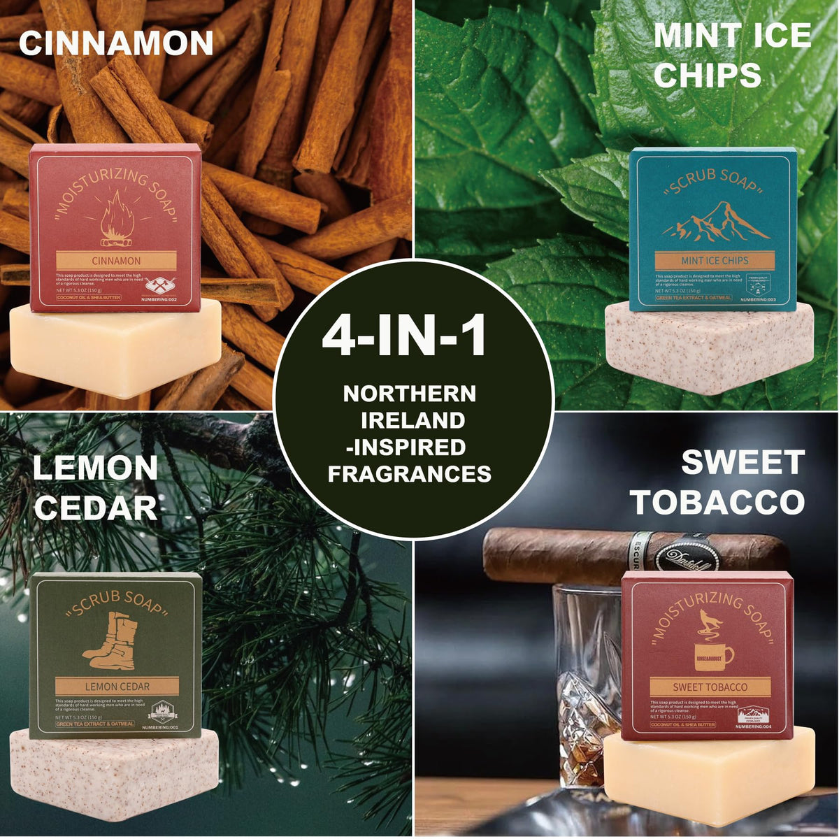 Rinse & Robust tobacco bar wrapper art highlighting rugged scent and easy gift presentation