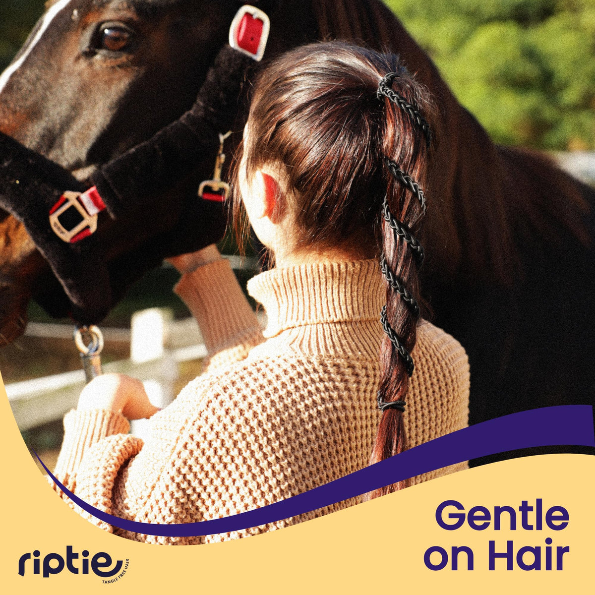 Rip Tie in-hair ponytail demonstrating secure hold for long hair