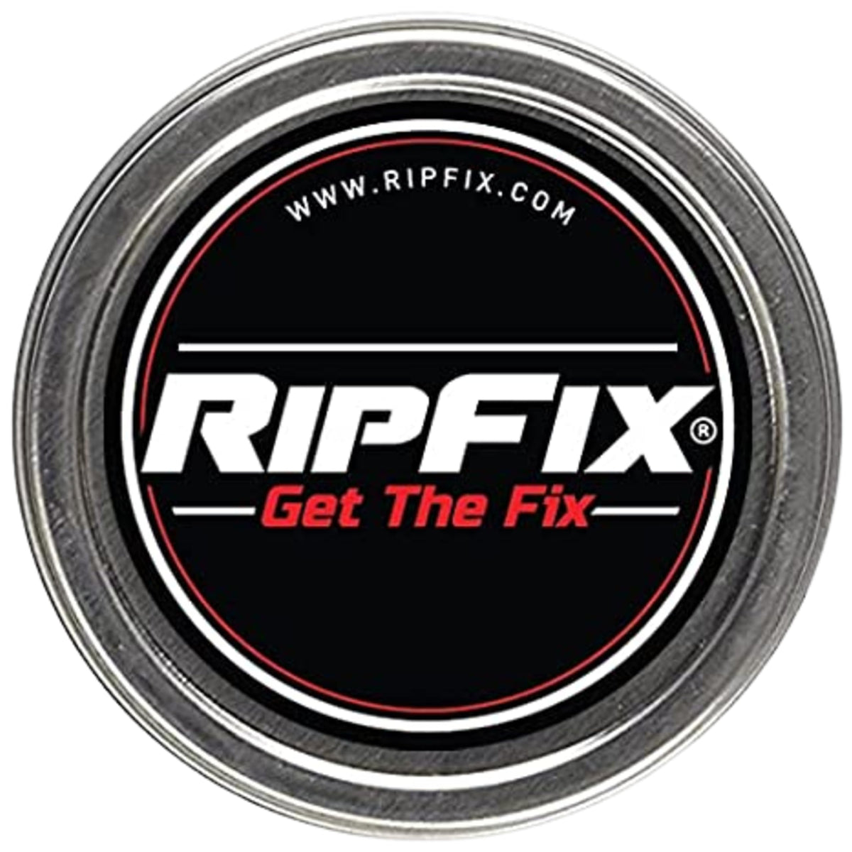 RipFix tin front view showing compact design and branding for easy carrying