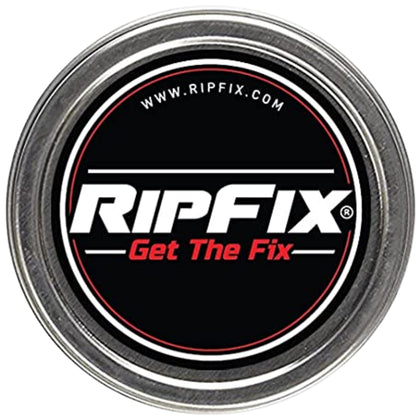 RipFix tin front view showing compact design and branding for easy carrying